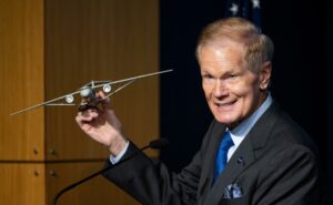 NASA Administrator Bill Nelson holds a model of an aircraft with a Transonic Truss-Braced Wing during a news conference on NASA’s Sustainable Flight Demonstrator project, Wednesday, Jan. 18, 2023, at the Mary W. Jackson NASA Headquarters building in Washington, DC. Credit: NASA/Joel Kowsky