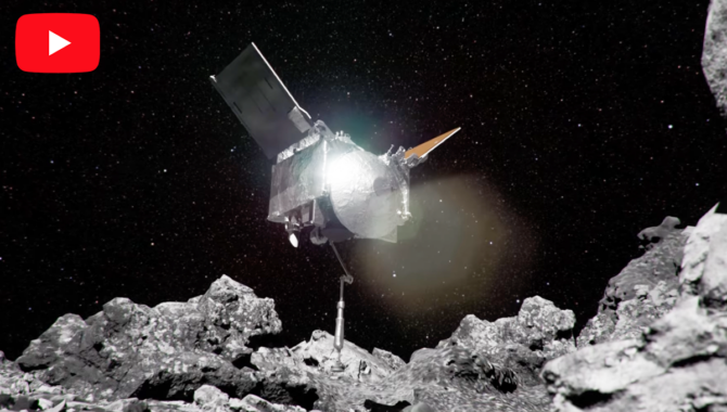 Illustration of NASA’s OSIRIS-REx spacecraft descending onto the surface of asteroid Bennu. Credit: NASA