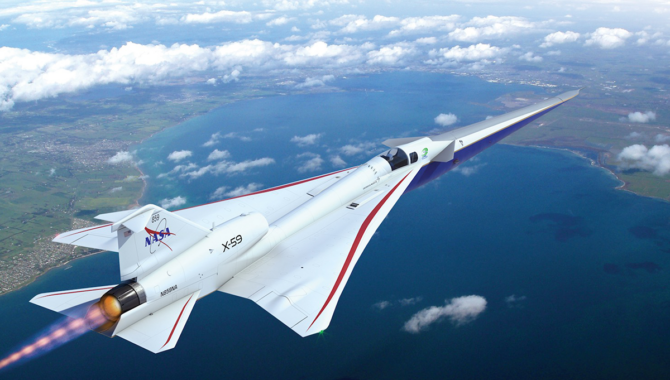 NASA’s X-59 QueSST, shown here in an artist’s illustration, has a unique design to minimize the sonic booms of supersonic flight to soft thumps. In November 2022, a GE Aviation F414-GE-100 engine was installed in the X-59 at Lockheed Martin’s Skunk Works facility in Palmdale, California, marking a major milestone as assembly of the X-59 nears completion. Credit: Lockheed Martin