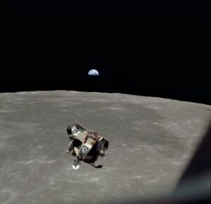 The Apollo 11 Lunar Module ascent stage, with astronauts Neil A. Armstrong and Edwin E. Aldrin Jr. aboard, is photographed from the Command and Service Modules (CSM) during rendezvous in lunar orbit. The Lunar Module (LM) was making its docking approach to the CSM. Credit: NASA