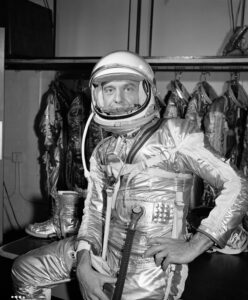 Alan B. Shepard Jr. in his pressure suit, with helmet opened, before the Mercury-Redstone 3 flight that made him the first American in space. Credit: NASA