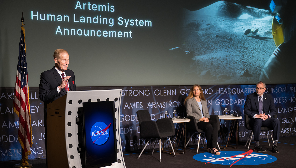 NASA Administrator Bill Nelson gives remarks during the announcement of the company selected to develop a sustainable human landing system for the Artemis V Moon mission, Friday, May 19, 2023 at the Mary W. Jackson NASA Headquarters building in Washington.  Photo Credit: NASA/Aubrey Gemignani