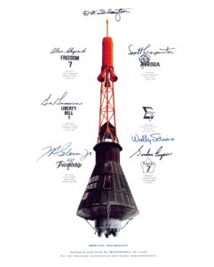Insignias from each of six manned Mercury 7 missions and autographs of the original seven NASA astronauts encircle the Mercury spacecraft. Credit: NASA