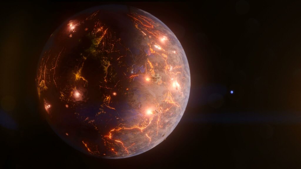 LP 791-18 d, shown here in an artist's concept, is an Earth-size world about 90 light-years away. The gravitational tug from a more massive planet in the system, shown as a blue disk in the background, may result in internal heating and volcanic eruptions – as much as Jupiter’s moon Io, the most geologically active body in the solar system. Astronomers discovered and studied the planet using data from NASA’s Spitzer Space Telescope and TESS (Transiting Exoplanet Survey Satellite) along with many other observatories. Illustration Credits: NASA’s Goddard Space Flight Center/Chris Smith (KRBwyle)