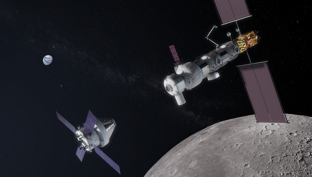 Concept image showing Orion approaching the Gateway. Credit: NASA