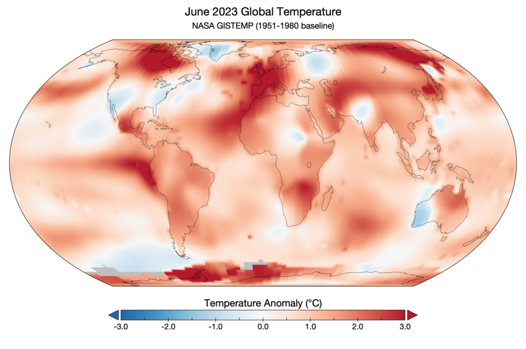 This map shows global temperature anomalies for June 2023 according to the GISTEMP analysis by scientists at NASA’s Goddard Institute for Space Studies. Temperature anomalies reflect how June 2023 compared to the average June temperature from 1951-1980. Infograph Credit: NASA’s Goddard Institute for Space Studies