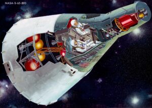 Artist concept of a two-man Gemini spacecraft with a cutaway view of the interior. Illustration Credit: NASA