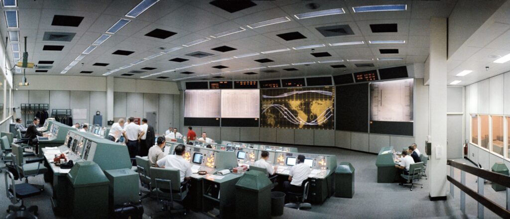 Panoramic view of the Mission Control room at NASA’s Manned Spacecraft Center (now Johnson Space Center) during the Gemini 5 mission. Photo Credit: NASA