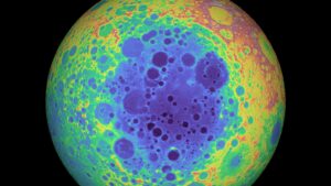 The South Pole-Aitken Basin on the lunar far side is one of the largest and oldest impact features in the solar system. It's easily seen in the elevation data. The low center is dark blue and purple. Mountains on its edge, remnants of outer rings, are red and yellow. Graphic Credit: NASA