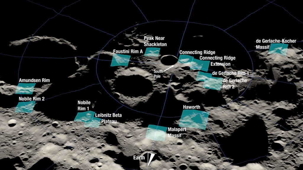 Shown here is a rendering of 13 candidate landing regions for Artemis III. Each region is approximately 9.3 by 9.3 miles (15 by 15 kilometers). A landing site is a location within those regions with an approximate 328-foot (100-meter) radius. Graphic Credit: NASA
