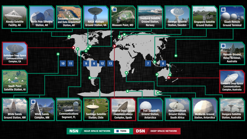 Current Space Communications and Navigation (SCaN) ground stations. TDRS stands for Tracking and Data Relay Satellite. Graphic Credit: NASA