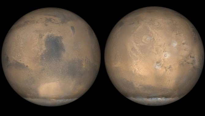 Global images of Mars taken by the Mars Global Surveyor (MGS) during summer in the planet’s northern hemisphere. Between 1997 and 2006, MGS looked at Mars in unprecedented detail, building upon the successful Viking missions before it. Credits: NASA/USGS