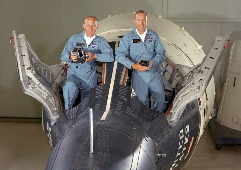 Astronauts James A. Lovell Jr. (right), command pilot, and Edwin E. Aldrin Jr., pilot. Photo credit: NASA