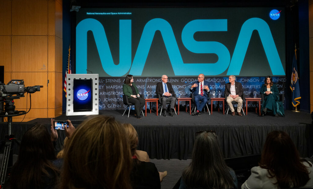 From left to right, moderator and Washington Post design reporter Shelly Tan, creator of the NASA worm logotype Richard Danne, Pentagram designer Michael Bierut, NASA entertainment and branding liaison Bert Ulrich, and Amazon Music head of live event merchandise Julia Heiser, participate in a panel discussion during a Richard Danne dedication event, Monday, Nov. 6, 2023, at the Mary W. Jackson NASA Headquarters building in Washington. Photo Credit: NASA/Keegan Barber