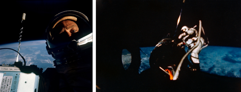 Astronaut Edwin E. Aldrin, Jr., pilot of Gemini XII, is photographed during an EVA with pilot’s hatch of the spacecraft open (left) and during an EVA later in the mission, when Aldrin left the Gemini capsule and worked at the Gemini Agena Target Vehicle that Gemini XII docked with on the mission’s third orbit. Photo Credit: NASA