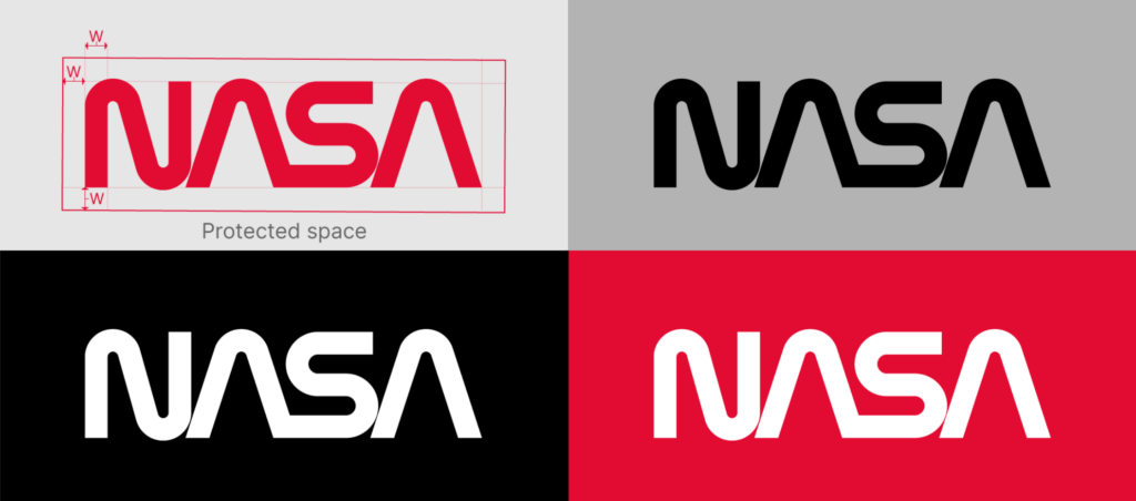 This example illustrates acceptable uses of the NASA Logotype and protected space requirements. Credit: NASA
