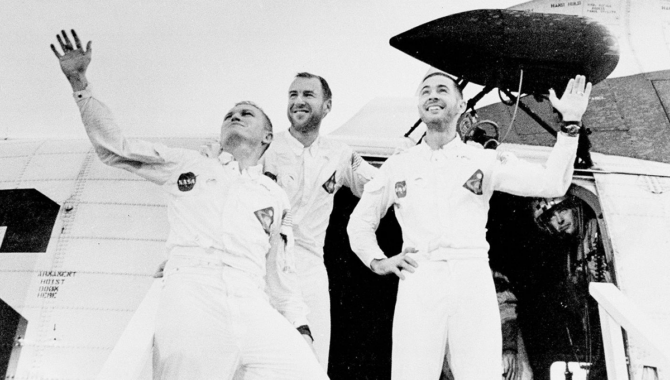 Apollo 8 astronauts Frank Borman, commander (left); William Anders, Lunar Module Pilot (right); and James Lovell, Command Module Pilot (center) safely returned to Earth on December 27, 1968, after successfully orbiting the Moon on the second crewed Apollo mission. Photo Credit: NASA