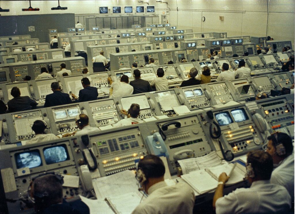 The Launch Control Center at NASA’s Kennedy Space Center was filled with activity as the Apollo 8 astronauts began their journey to the Moon. Photo Credit: NASA