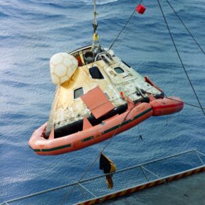  The USS Yorktown hoists the Apollo 8 capsule aboard after its successfully splashdown in 1968, the end of the first human mission to the Moon. Photo Credit: NASA
