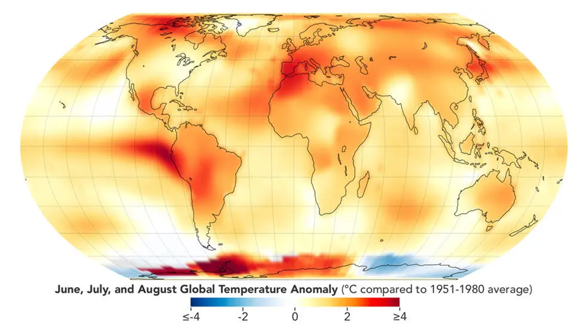 This map depicts global temperature anomalies for June, July, and August 2023. Areas in yellow and red were warmer than the baseline average from 1951 to 1980. Credit: NASA Earth Observatory/Lauren Dauphin