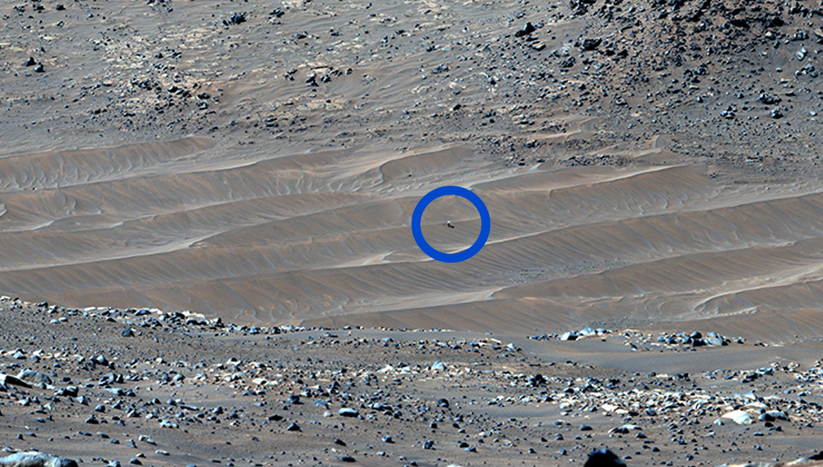 NASA’s Perseverance Mars rover captured this mosaic showing the Ingenuity Mars Helicopter (circled) at its final airfield on Feb. 4, 2024. The helicopter damaged its rotor blades during the landing of its 72nd flight on January 18, 2024. Photo Credit: NASA/JPL-Caltech/ASU/MSSS