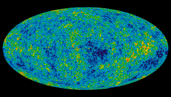 This detailed, all-sky picture of the infant universe was created from nine years of data gathered by the Wilkinson Microwave Anisotropy Probe. The image reveals 13.77 billion year old temperature fluctuations (shown as color differences) that correspond to the seeds that grew to become the galaxies. Credit: NASA
