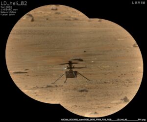 NASA's Ingenuity Mars Helicopter is viewed here through the Remote Microscopic Imager (RMI) camera, part of the SuperCam instrument aboard NASA's Perseverance rover. This image was taken on May 14, 2021, the 82nd Martian day, or sol, of the mission. Photo Credit: NASA/JPL