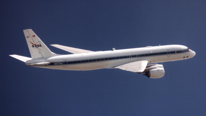 NASA recently retired its DC-8 Airborne Science platform after more than three decades of research. The aircraft is shown here against the background of a dark blue sky on February 20, 1998. Photo Credit: NASA/Carla Thomas