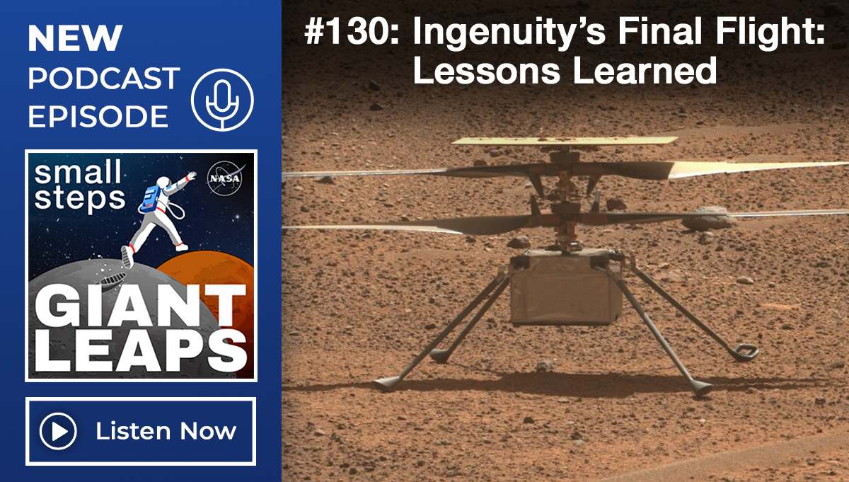 Ingenuity sits on Mars. It resembles a small box with four landing legs and rotors on top. The terrain is brownish-red with scattered pebbles and rocks. Credit: NASA
