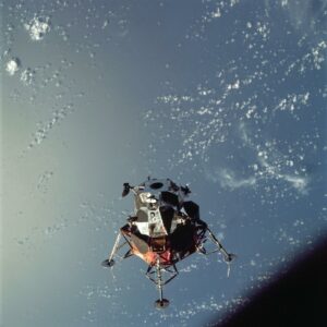 The Lunar Module, seen here from the Command Module, is tested in Earth orbit during Apollo 9 in early 1969. Apollo 10 tested the system in lunar orbit later that year. Photo Credit: NASA