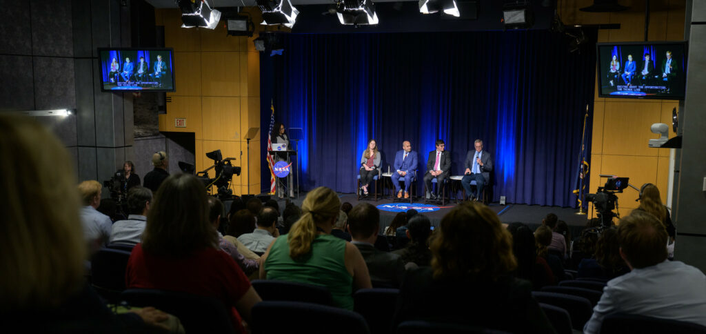 NASA Public Affairs Specialist Melissa Howell, left, NASA Chief Scientist Kate Calvin, NASA Chief Technologist A.C. Charania, NASA Chief Artificial Intelligence Officer David Salvagnini, and NASA Chief Information Officer Jeff Seaton, right, participate in a NASA employee town hall on how the agency is using and developing Artificial Intelligence (AI) tools to advance missions and research, Wednesday, May 22, 2024, at the NASA Headquarters Mary W. Jackson Building in Washington. Photo Credit: NASA/Bill Ingalls