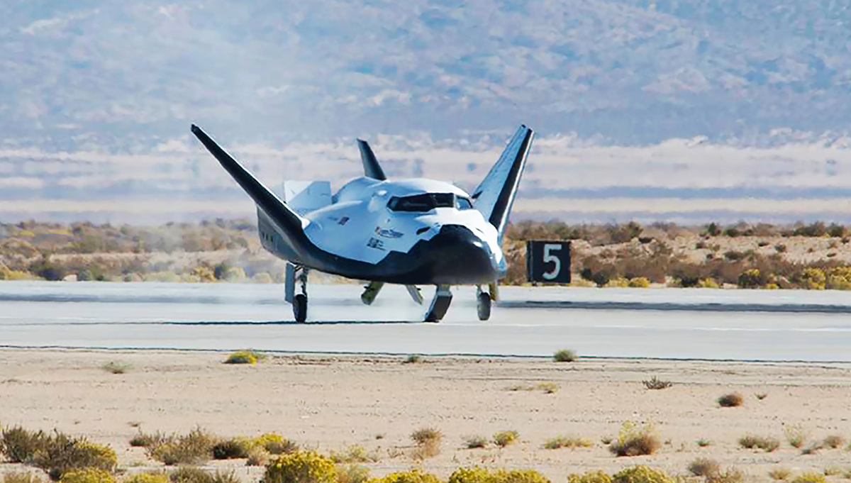 The Dream Chaser spacecraft glides to a landing at NASA’s Armstrong Flight Research Center at Edwards Air Force Base in California, following a successful free flight demonstration in 2017. Photo Credit: NASA