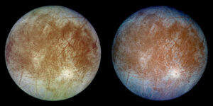 These images show the trailing hemisphere of Jupiter's moon Europa taken by the Galileo spacecraft at a distance of about 677,000 km. The left image shows Europa in approximately true color and the right image shows Europa in enhanced color to bring out details. The surface of Europa is predominantly ware-ice, the darker brown color is due to rocky material. The dark lines, some thousands of km long, are fractures in the crust. The bright feature towards the lower right of the disk is the 45 km diameter crater Pwyll, centered at 25.2 S, 271.4 W. Europa is 3122 km in diameter and north is up. Credit: NASA