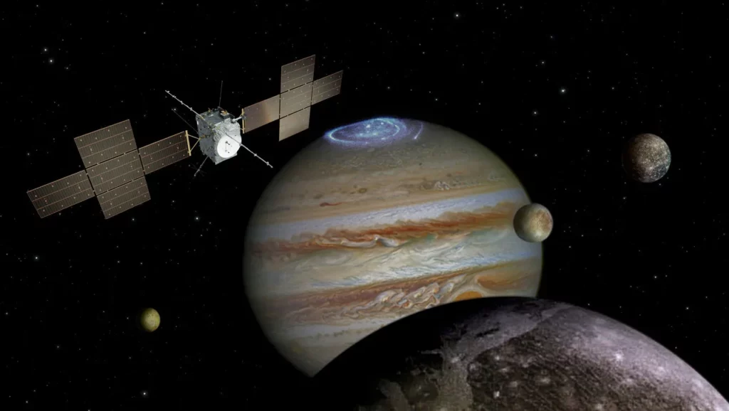 Artist concept of the JUICE spacecraft at Jupiter. Credit: ESA/NASA/DLR