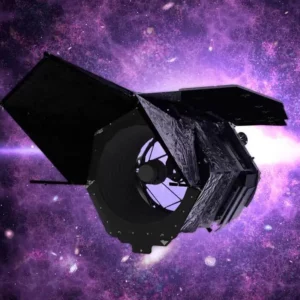 An illustration of the Roman Space Telescope in space. The violet background represents the cosmos. Credit: NASA