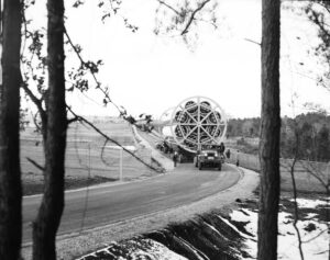 Saturn-I first stage (S-1 stage) being transported to the test stand for a static test firing at the Marshall Space Flight Center. Credit: NASA