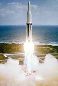 The first Saturn C-I rocket lifts off on a pillar of flame. Credit: NASA
