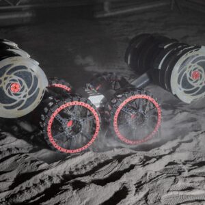 With the lights out, the ISRU Pilot Excavator digs in regolith bin during testing inside Swamp Works at NASA’s Kennedy Space Center in Florida on July 28, 2022. Tests use a gravity assist offload system to simulate reduced gravity conditions found on the Moon. On the surface of the Moon, mining robots like the Pilot Excavator will excavate the regolith and take the material to a processing plant where usable elements such as hydrogen, oxygen and water can be extracted for life support systems. The Pilot Excavator can scoop up icy regolith which can be used to make operations on the Moon sustainable. Image Credit: NASA/Frank Michaux