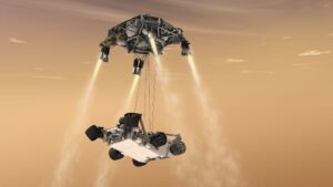 This artist concept shows the sky crane maneuver during the descent of NASA Curiosity rover to the Martian surface. Credit: NASA/JPL-Caltech