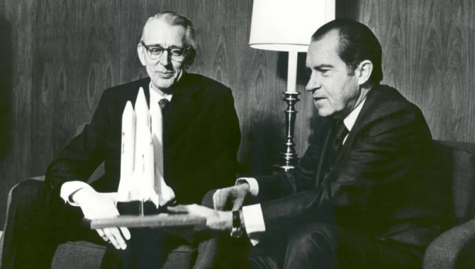 On Jan. 5, 1972, President Richard M. Nixon and Dr. James C. Fletcher, NASA Administrator, discussed the proposed Space Shuttle vehicle in San Clemente, Calif. The President announced that day that the United States should proceed at once with the development of an entirely new type of space transportation system. Credit: NASA