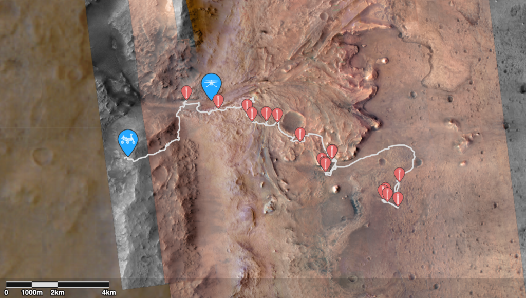 This map shows the landing site for NASA’s Perseverance rover within Jezero Crater. Perseverance landed on Feb. 18, 2021. The map also shows the location of the Mars Helicopter. Credit: NASA