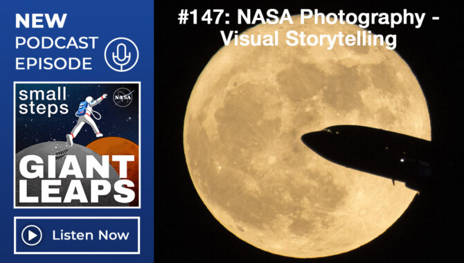 Podcast logo with a picture of the full moon. In front of the full moon is a silhouetted plane that had just taken off. Credit: NASA/Bill Ingalls