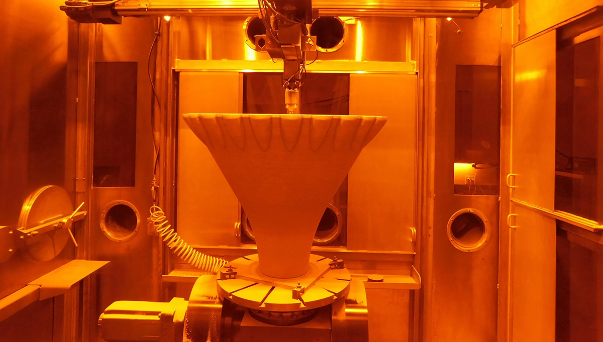 A 3D printer at a facility of NASA partner RPM Innovations additively manufactures a large-scale aerospike rocket engine nozzle using one of Elementum 3D’s specialized, 3D-printable aluminum alloys. Credit: RPM Innovations Inc.