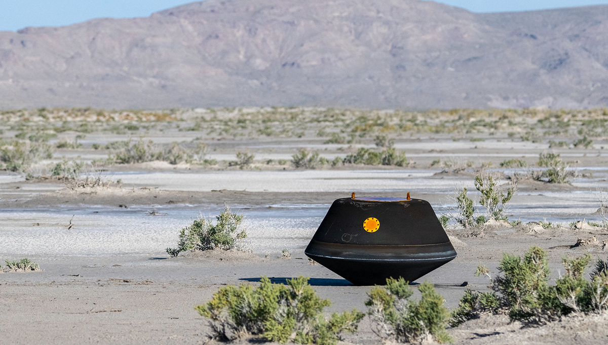 The sample return capsule from NASA’s OSIRIS-REx mission shortly after touching down in the desert, Sunday, Sept. 24, 2023, in Utah. The sample sealed inside has surprised scientist who have only begun to analyze it. Credit: NASA/Keegan Barber