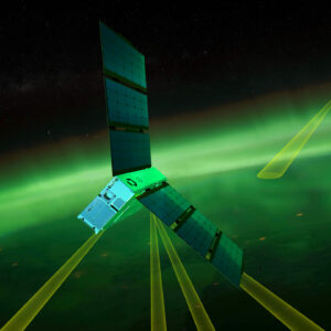 Illustration of three small satellites scanning Earth's aurorae from above. The aurora is depicted as green. Credit: NASA/Johns Hopkins APL/Steve Gribben