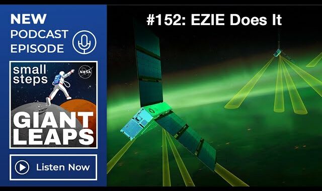 Podcast episode graphic showing the title of the podcast on the left third of the image. The rest of the graphic is an illustration of the EZIE mission, showing one of the three suitcase-sized satellites orbiting above Earth's green aurorae.