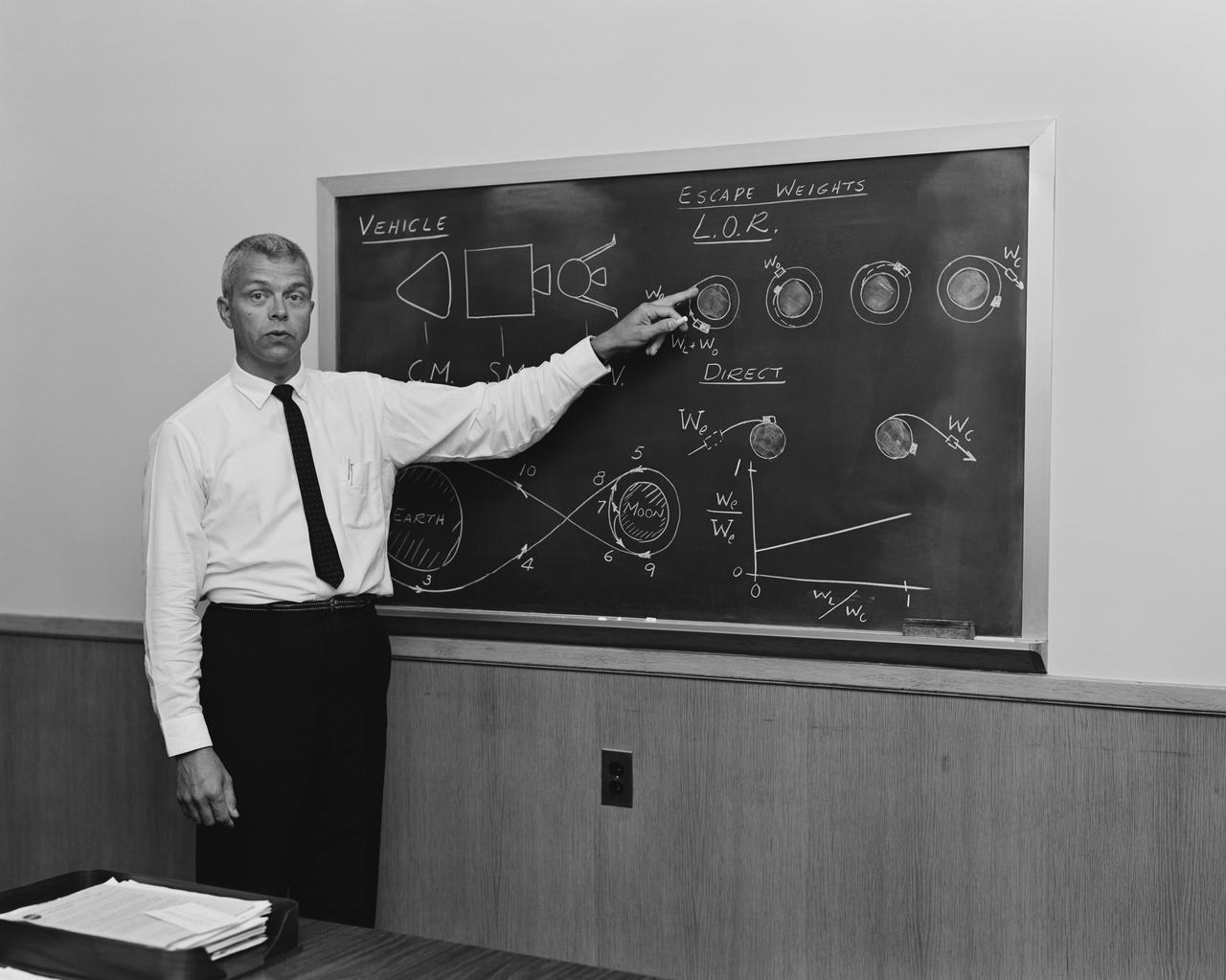 NASA aerospace engineer John Houbolt explains Lunar Orbital Rendezvous at blackboard illustrating the escape weights on the proposal. Credit: NASA