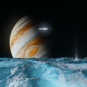 Illustration of Europa Clipper spacecraft above Jupiter's icy moon Europa. The surface is blue and icy. Jupiter, partially lit, looms in the background. The spacecraft reflects the Sun's light. Credit: NASA/JPL-Caltech