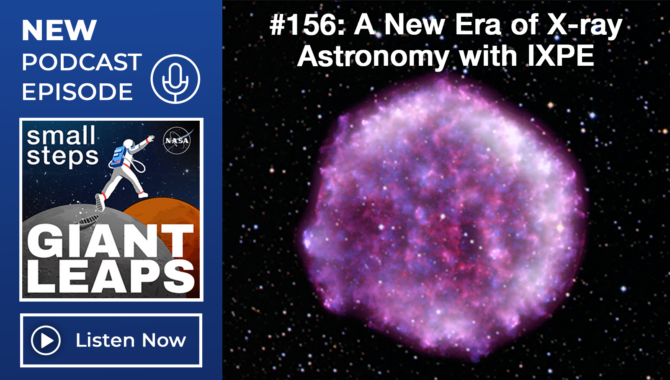 Podcast episode graphic showing a composite image of a supernova remnant in purple coloring. The text above it says #156: A New Era of X-ray Astronomy with IXPE