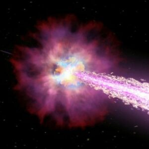 Illustration of a jet of energy shooting from a black hole. The gamma-rays are depicted as bright and purple against the blackness of space. Credit: NASA/Swift/Cruz deWilde